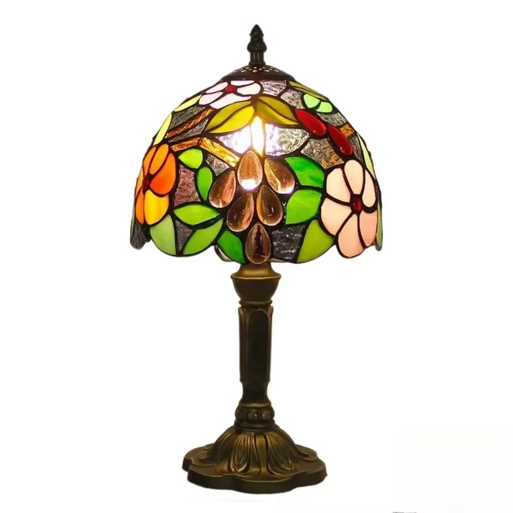 8inch American Tiffany Table Lamp Stained Glass Grapes Lampshade Living Room Bedroom Night Light Villa Hotel Desk Lamp