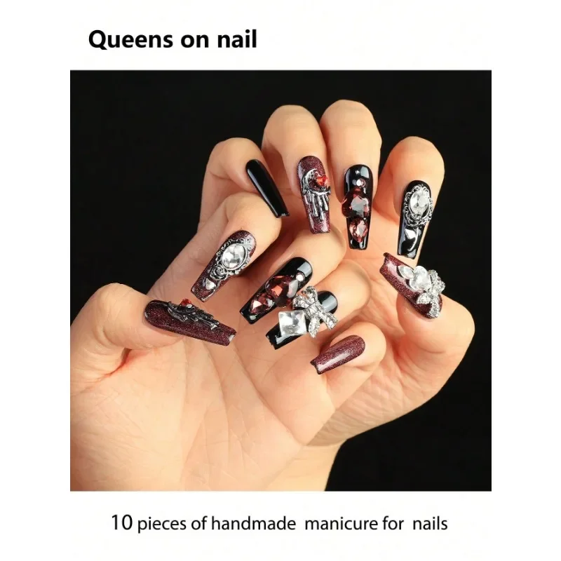 

10 Pieces Handmade press on Nails Ballet Style Fake Nails/Metal Bow/Red Heart Sparkling Diamond/Square Diamond/Metal Moon