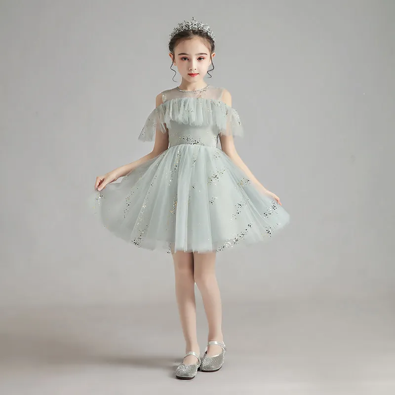 Children's Dress 2024 Spring New Fluffy Yarn Flower Children's Fashionable Little Girl Host Walk Show Performance Dress