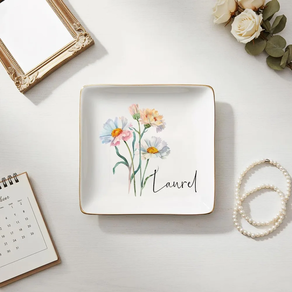 Customized Floral Heart Ceramic Ring Dish, Personalized Name Gold Edge Jewelry Tray, Bridesmaid Wedding Bachelorette Party Gift.
