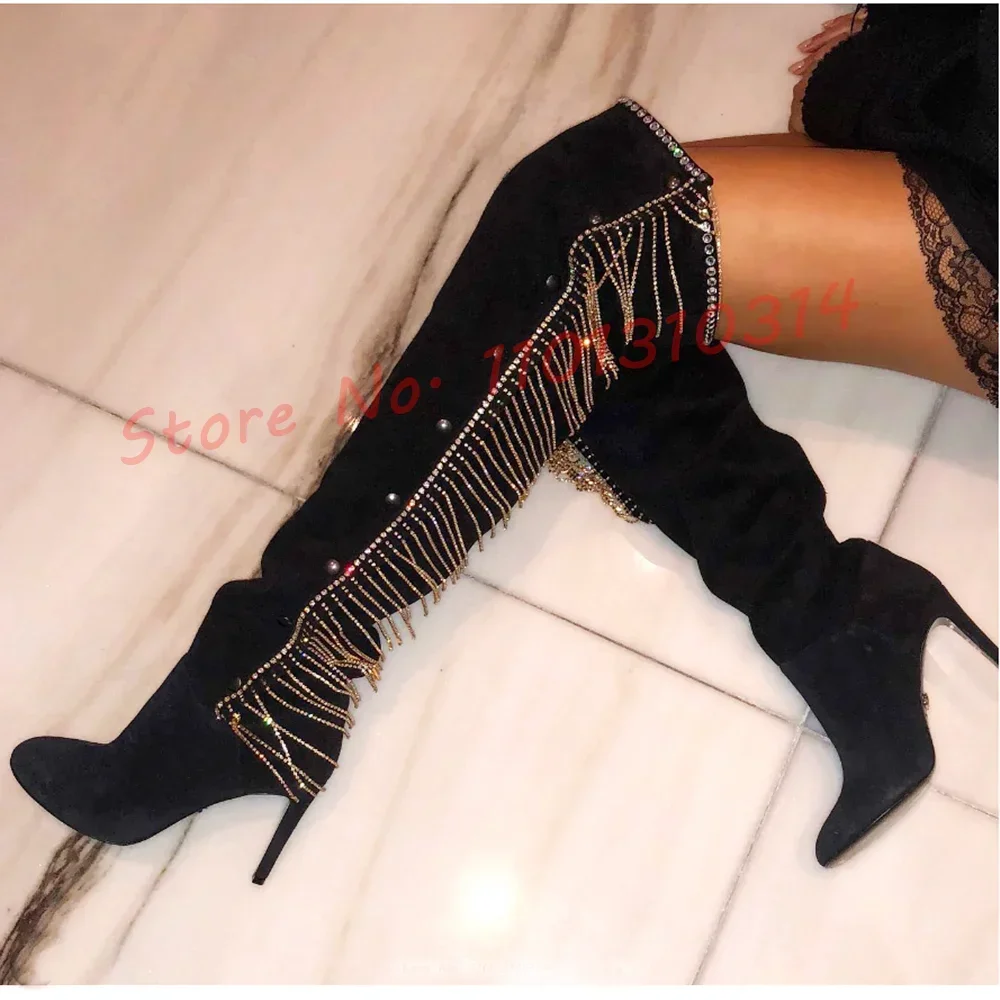 Tassels Crystals Button Rivets Boots Women Fashion Flock Round Toe High Heeled Knee Length Boots Lady Sexy Punk Chic Party Shoes