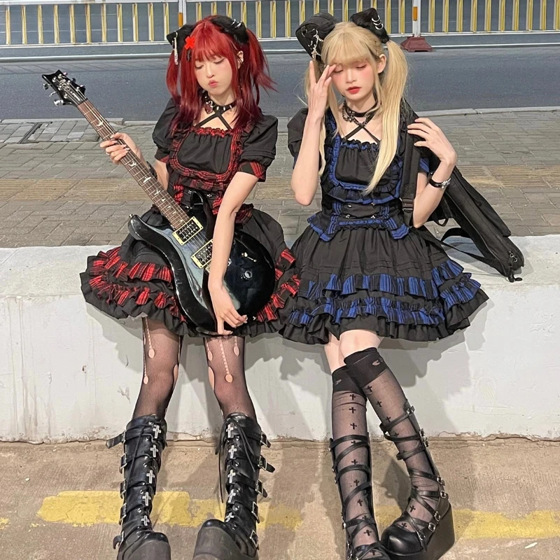 

Harajuku Y2k Grunge Punk Suits Victorian Gothic Lolita Dress Set Women Vintage Kawaii Lace Ruffles Blouse Princess Party Skirt