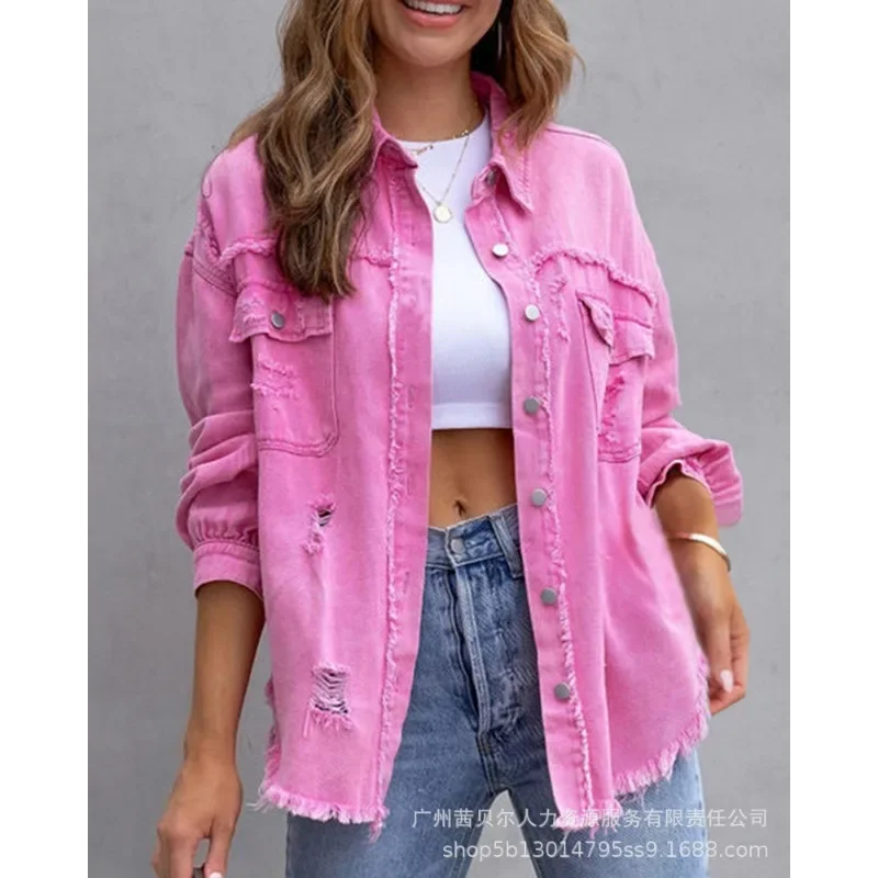 

Raw Hem Pocket Denim Coat Elegant Women Autumn Winter Long Sleeve Ripped Hole Jacket Outwear Y2K Chic Clothes Streetwear