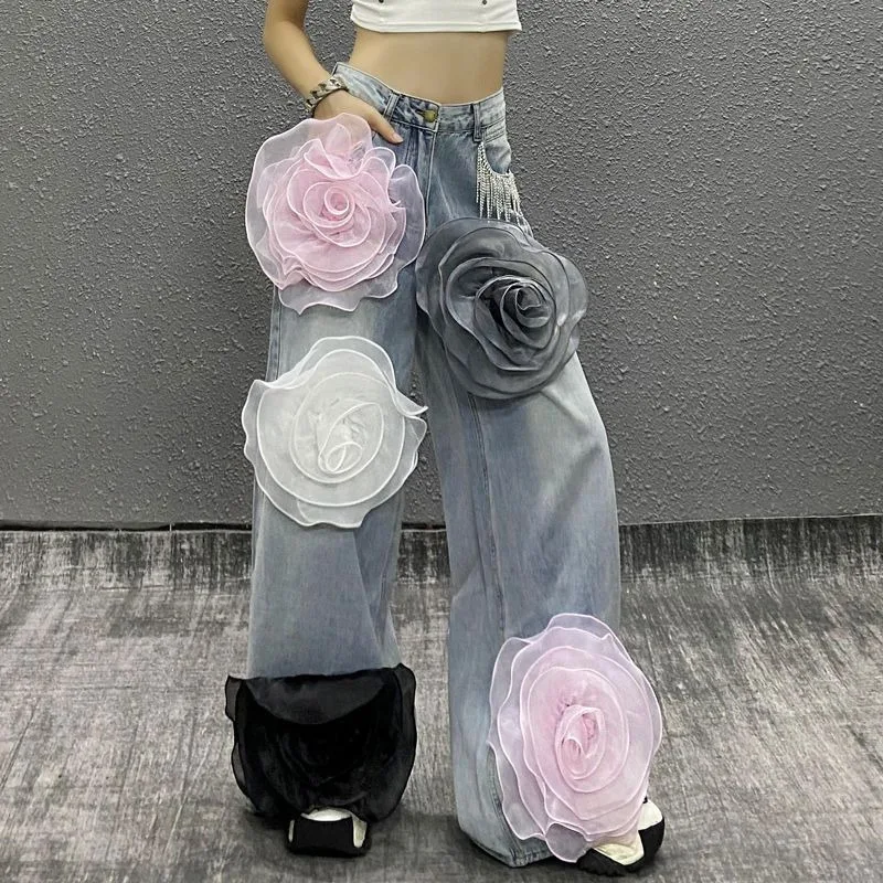 

Flower Denim Women Summer European America Cotton Jeans High Waist Straight Leg Wide Leg Commuting Outdoor Loose Floor Pants New