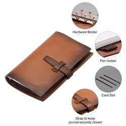 A6 PU Leather Binder Notebook 6 Ring Binder PU Clip-on Notebook Leather Refillable Loose Leaf Notebook Cover Notebooks Journal