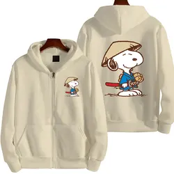 Women Zipper Hoodie Snoopy Cartoon Anime Spring Autumn Men Oversized Sweatshirt 2024 New Casual Khaki Couple Jackets Coats