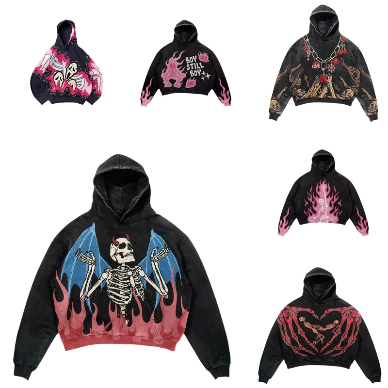 Retro Skulls Flame 3D Print Hoodie Men Women High Quality Hip Hop American European Streetwear Sweatshirts Black Pullovers Y2k