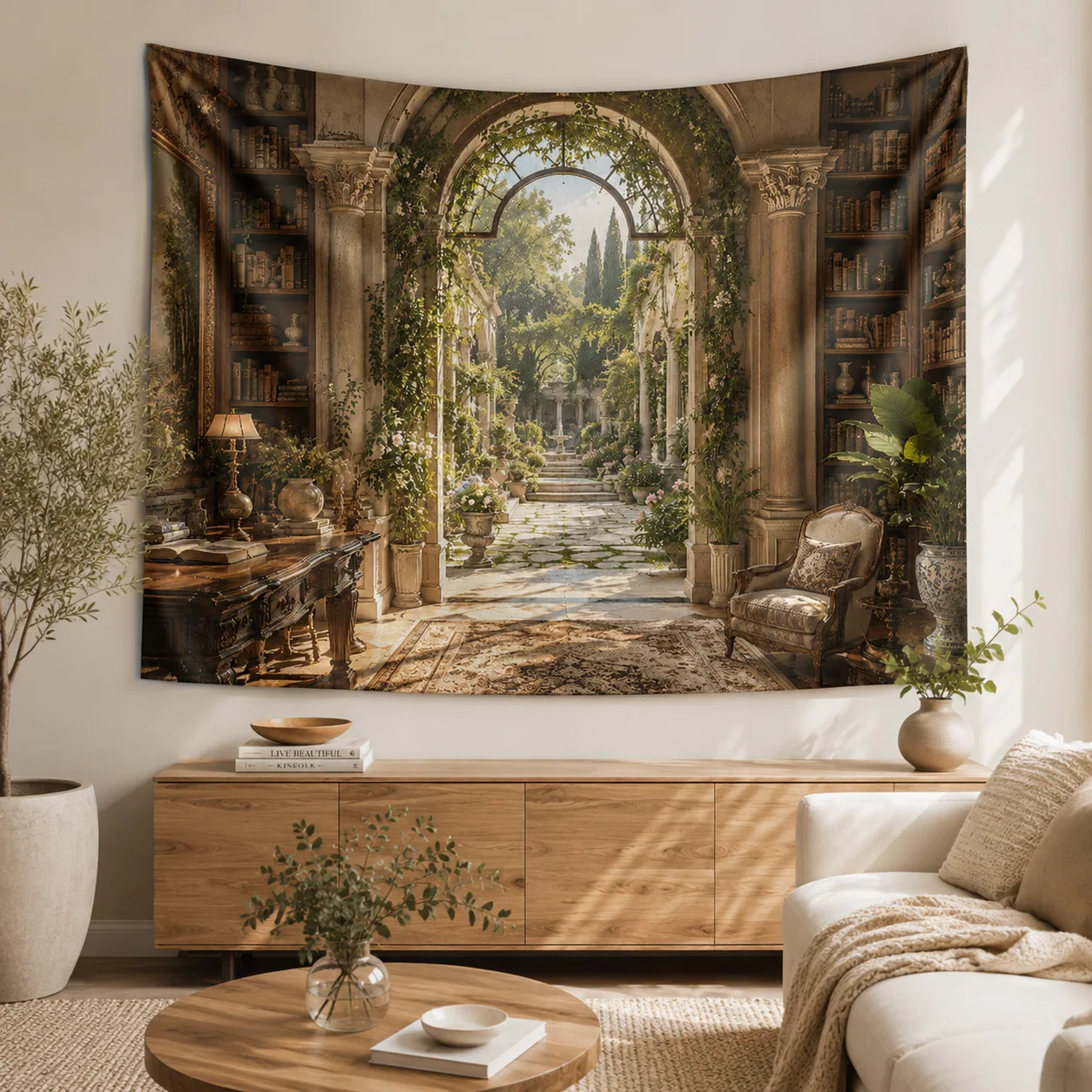 Vintage Arch Library Garden Wall Tapestry Retro Book Room Landscape Wall Hanging Aesthetic Home Decor
