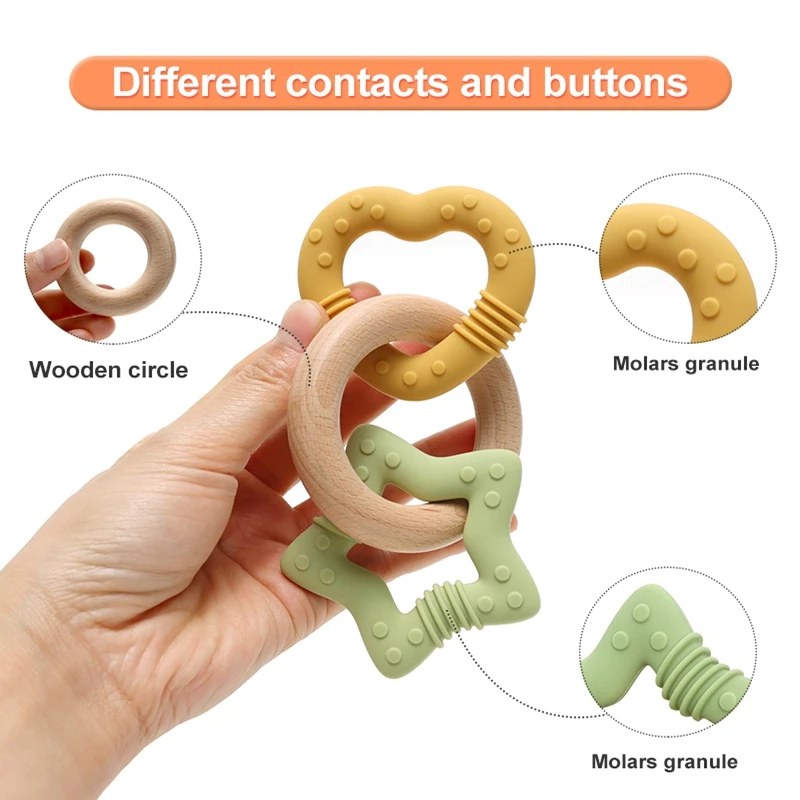 1Pc Baby Silicone Teether Toys Star Heart Wooden Ring Bracelet Teether Toys BPA Free Nursing Teething Toys For Nreborn Gift