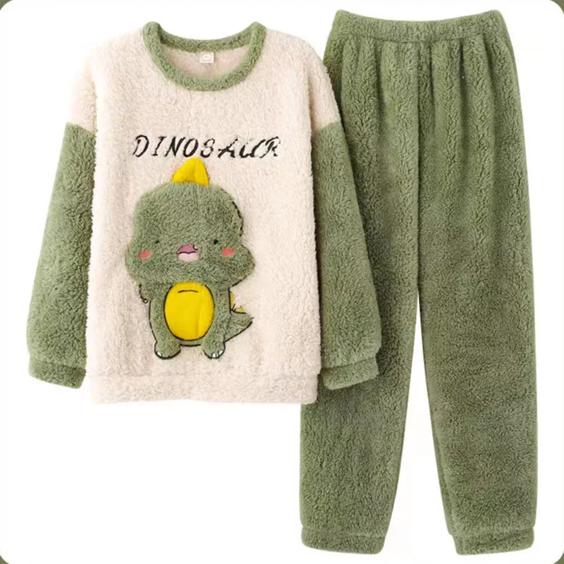 Couples Pajamas Sets Women Men Winter Thicken Pyjamas Sleepwear Cartoon Dinosaur Korean Lovers Homewear Soft Warm Hoodies Pijama