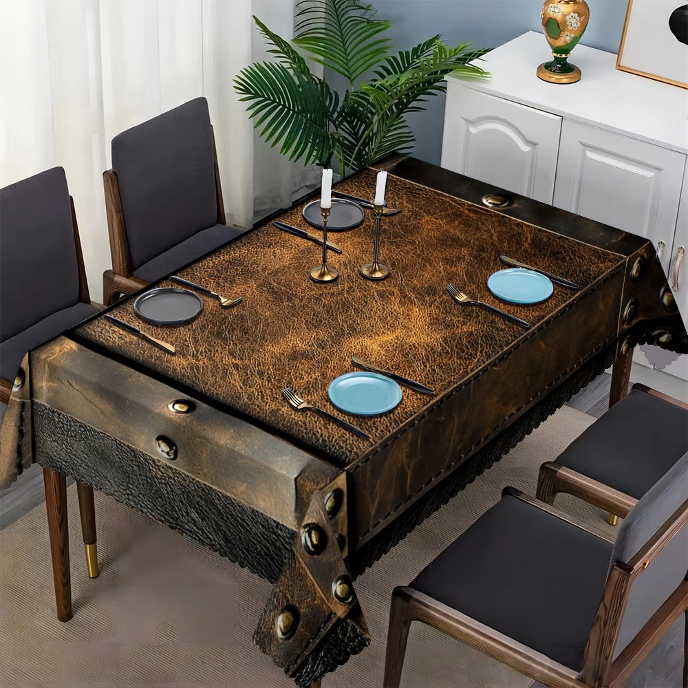 Leather Texture Tablecloth, Vintage Faux Leather Print Cover, Washable Table Cloth for Party, Retro Industrial Home Table Decor