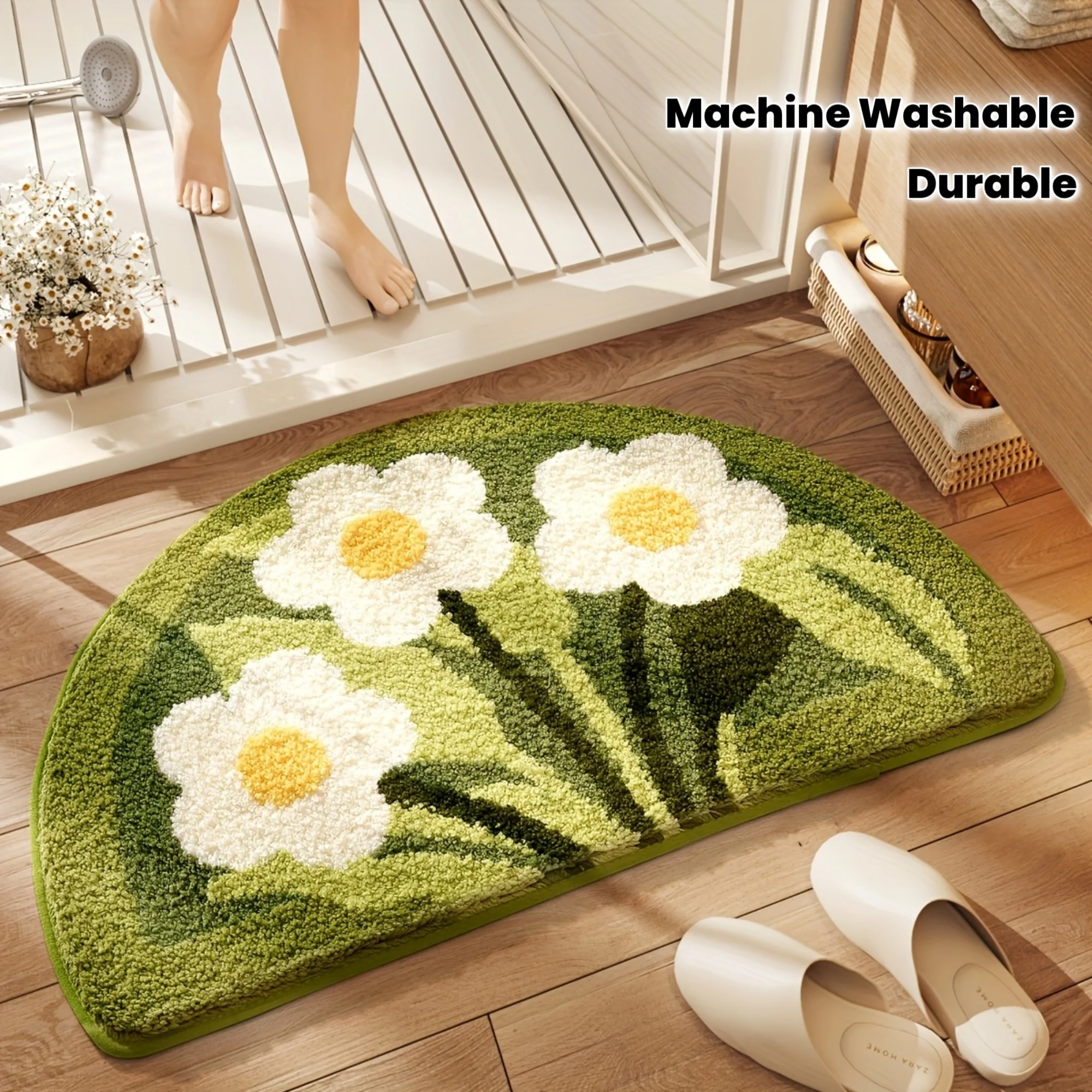 VIKAMA Bathroom Water Absorbent Non Slip Semi Circular Carpet Machine Washable Ins Style Floral Pattern Soft Skin Friendly Mat