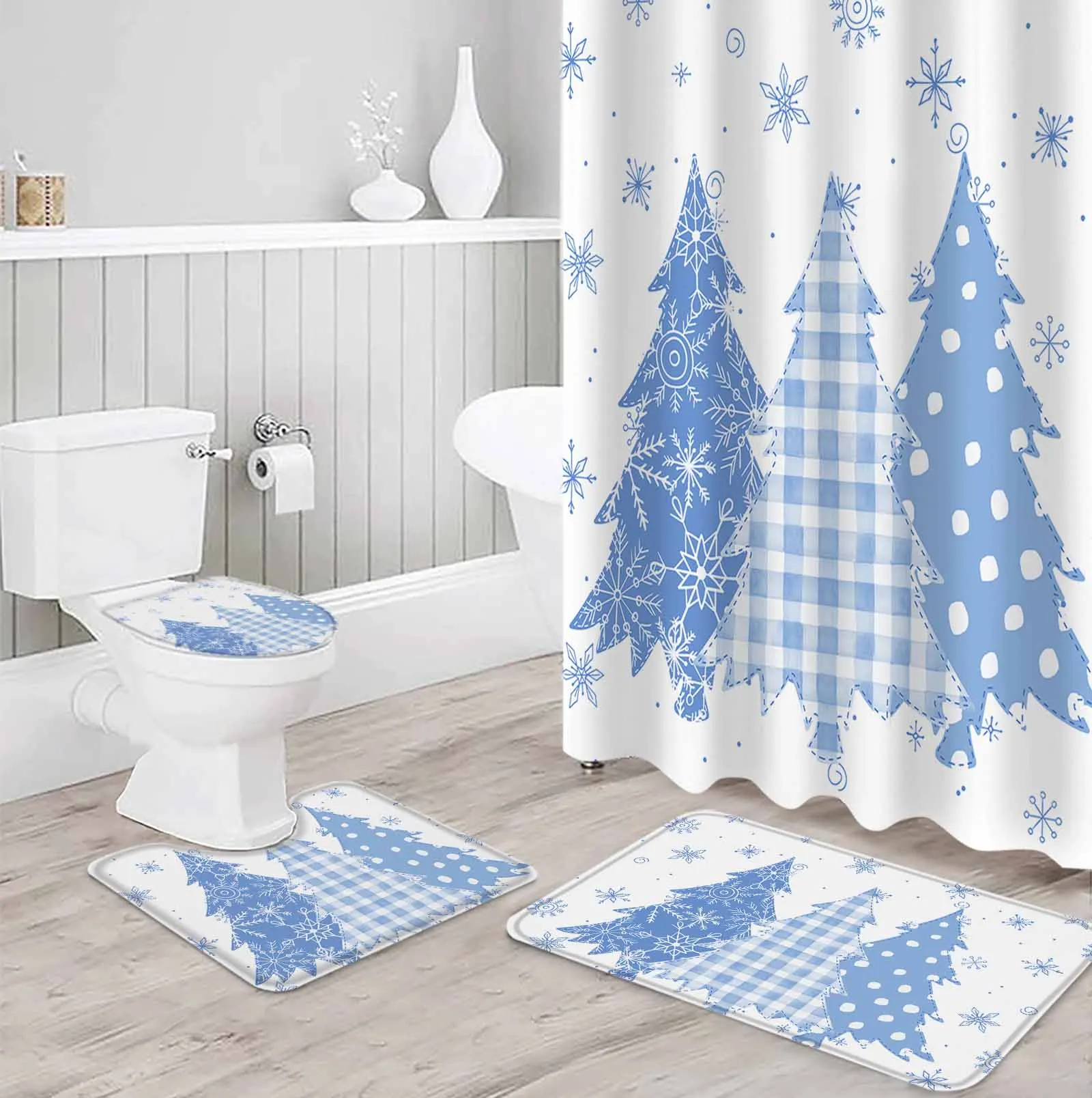 Christmas Hand-PaintedPolyester printed shower curtain bathroom set,luxurious curtainsabstract 4-piece setcoral fleece floor mat