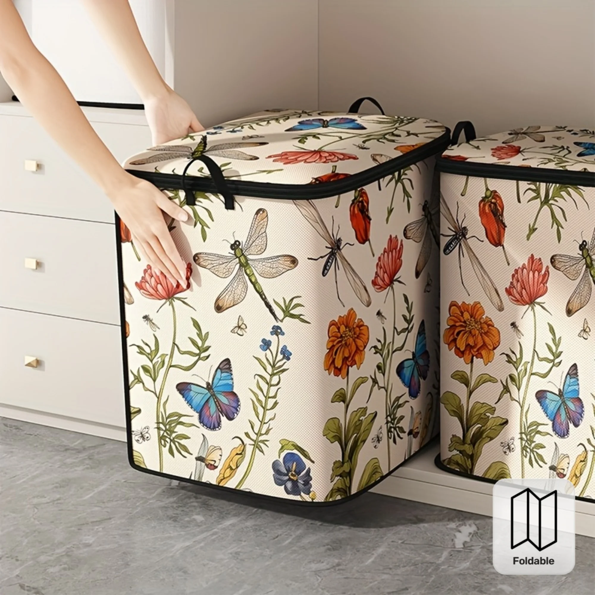 1pc Large Capacity Star-Patterned Storage Box with a Dragonfly And Butterfly Floral Print, Foldable Storage Bag