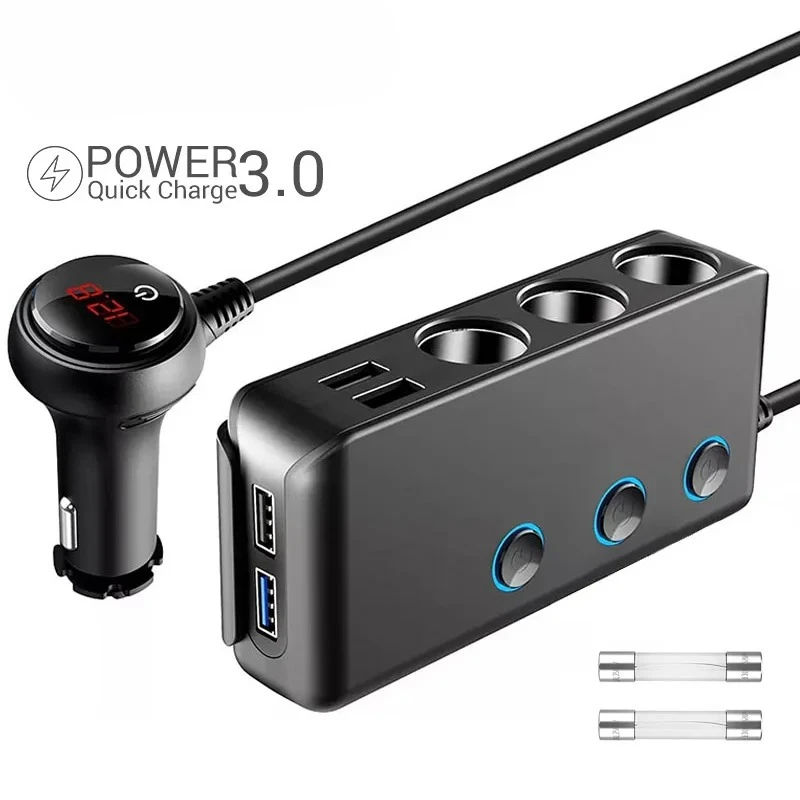 Quick Charge 3.0 Cigarette Lighter Splitter 4 USB Ports 120W Car Charger 12V/24V Universal 3 Socket Power Adapter with 3 Switch