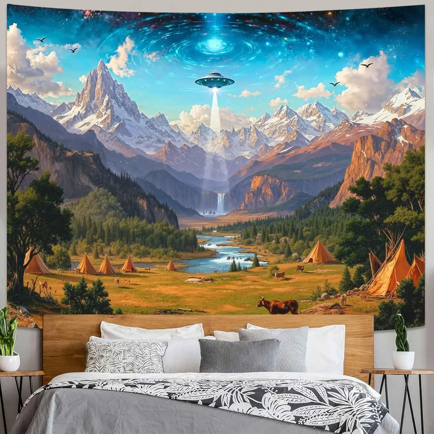 UFO Mountain Valley Tapestry, Alien Spaceship Over Scenic Nature Landscape Print Wall Hanging for Bedroom Living Room Home Decor