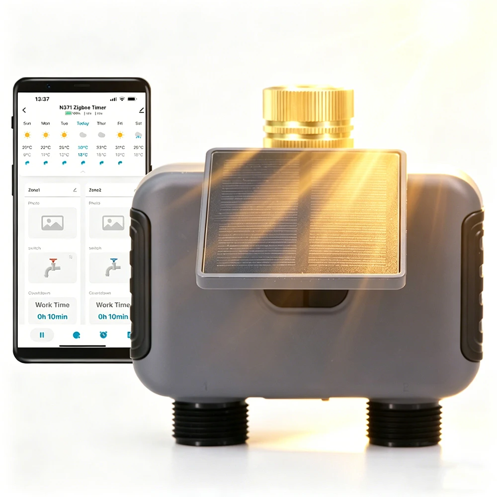 Tuay Smart Solar 2-Zone Watering Timer Type-C Charging 2000mAh Battery Rain Sensor Remote Control for Garden Tap Valve Controlle