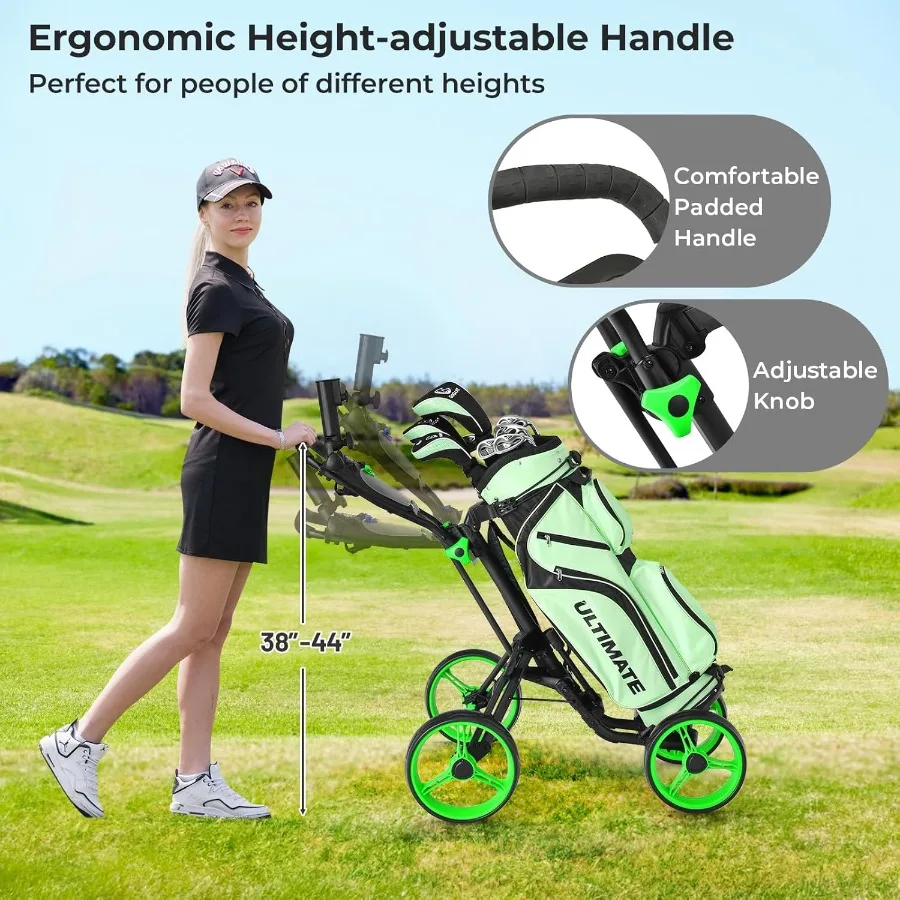 عربة دفع جولف قابلة للطي ذات 4 عجلات لسهولة المشي على الدورات تتميز بأشرطة مرنة ومظلة وحامل أكواب وتخزين لوحة النتائج L