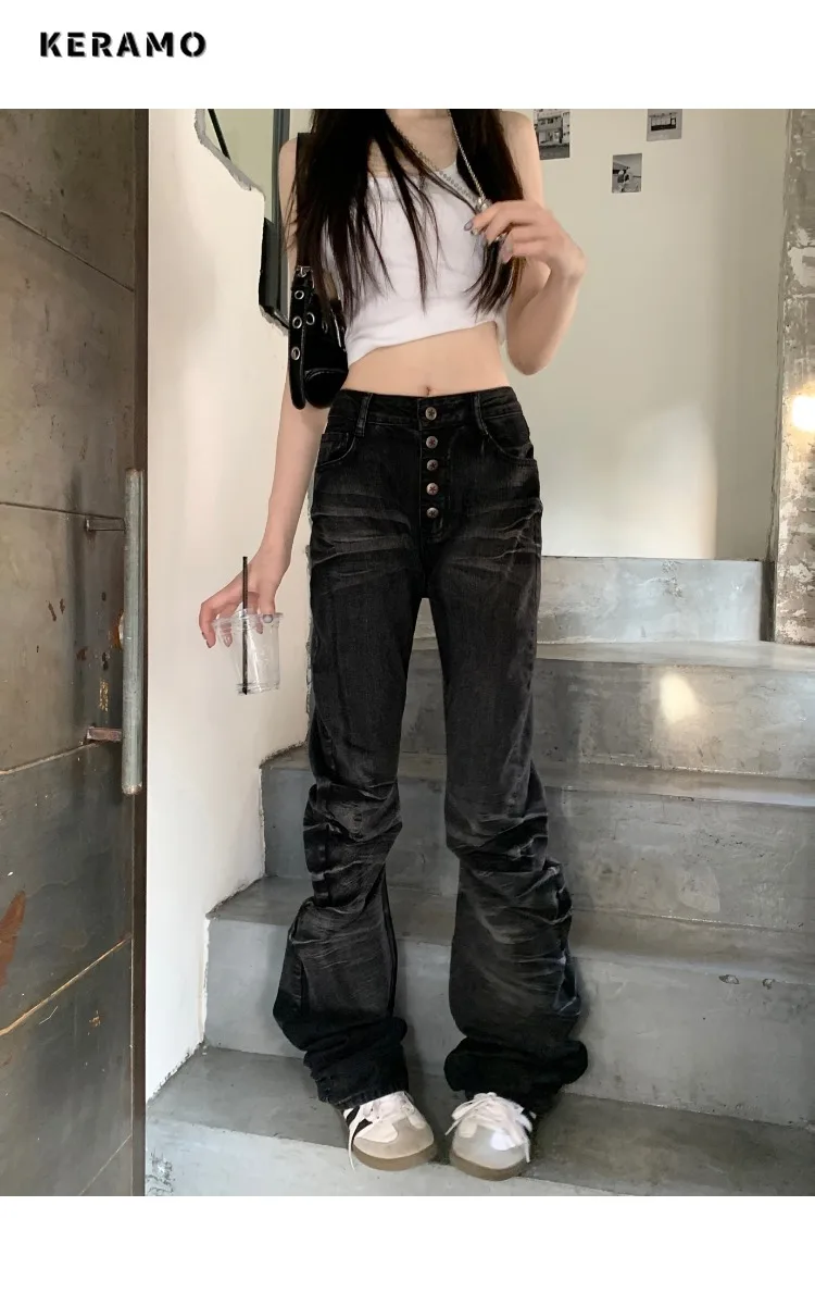 

Aesthetic Vintage Sheath Slim Fit High Waisted Jeans 2025 Winter Women's Street Y2K Pants Hotsweet Washed Black Denim Trouser
