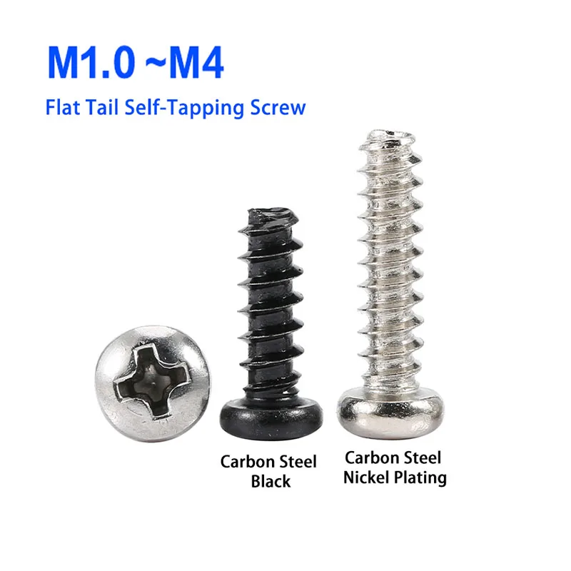 

Black /Nickel Plating Carbon Steel Cross Round Head Flat Tail Self-Tapping Screw M1.0 M1.2 M1.4 M1.7 M2 M2.3 M2.6 M3 M3.5 M4