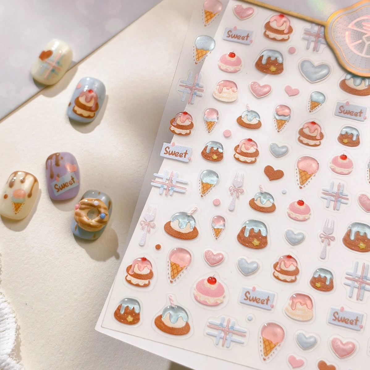 

Cute Ice Cream Sweet Fork Pudding Love Heart Macaroon Jelly Bowknot Line Adhesive Nail Art Stickers Manicure Decals Wholesale