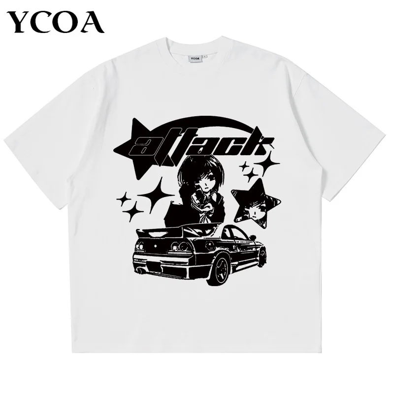 Oversized T-Shirt Men Y2k Tops Cotton  Print Car Summer Harajuku Streetwear Graphic Short Sleeve Tee Vintage Aesthetic Clothing