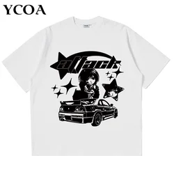 Camiseta de gran tamaño para hombre Y2k, Tops de algodón con estampado de coche, ropa de calle Harajuku, camiseta gráfica de manga corta, ropa estética Vintage