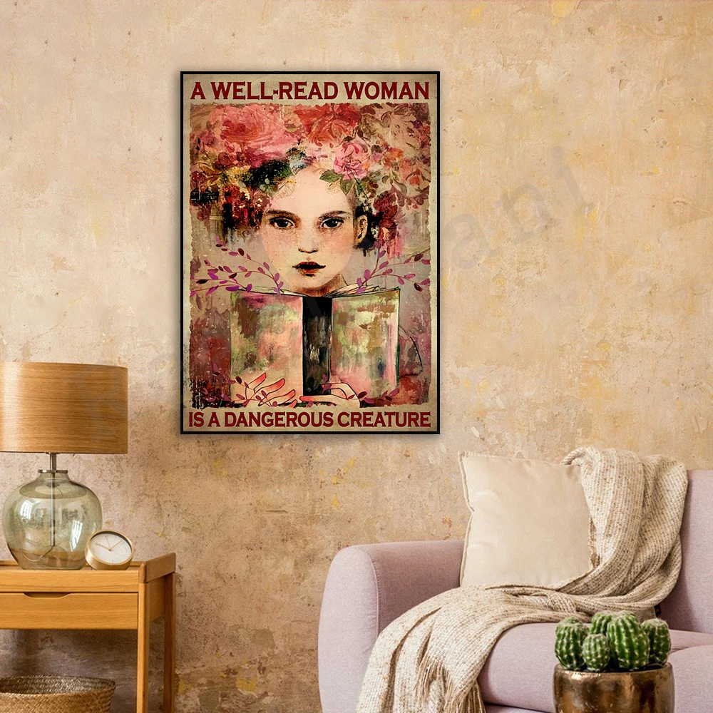 A Woman Who Reads Well is a Dangerous Creature poster, floral art print for women, gift for girl book lovers, housewarming gift