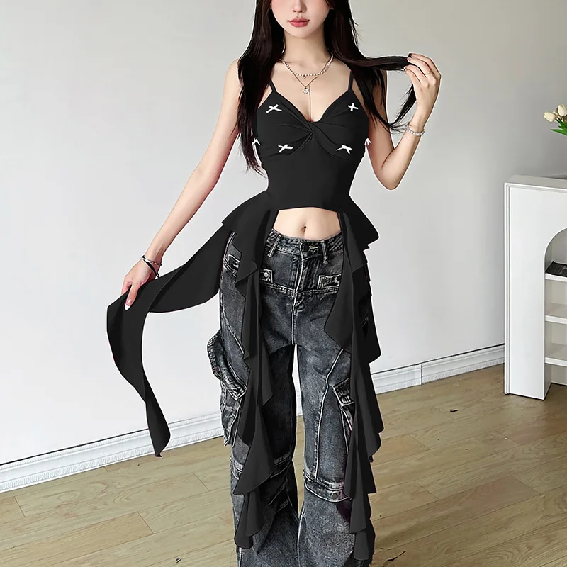 سترة بروتيل صيفية جديدة لعام 2025 للنساء موضة الشارع بقصة ضيقة وكشكشة علوية مثيرة بدون ظهر باللون الأحمر تناسب كل مباراة Mujer