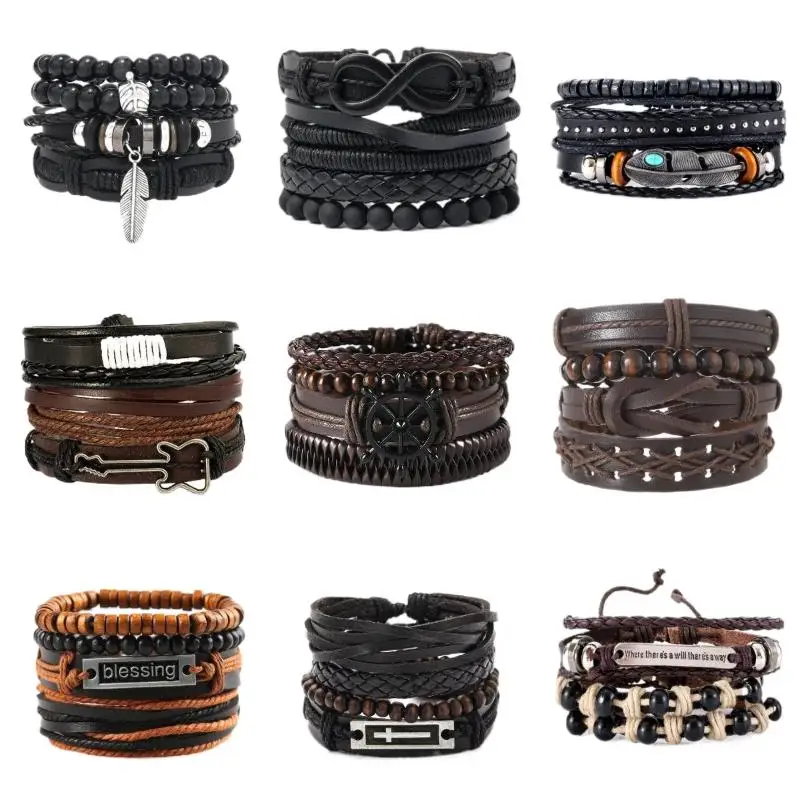 Set Braided Wrap Leather Bracelets Bangle For Men Vintage Feather Rudder Charm Wood Beads Ethnic Tribal Wristband Rope Bracelet