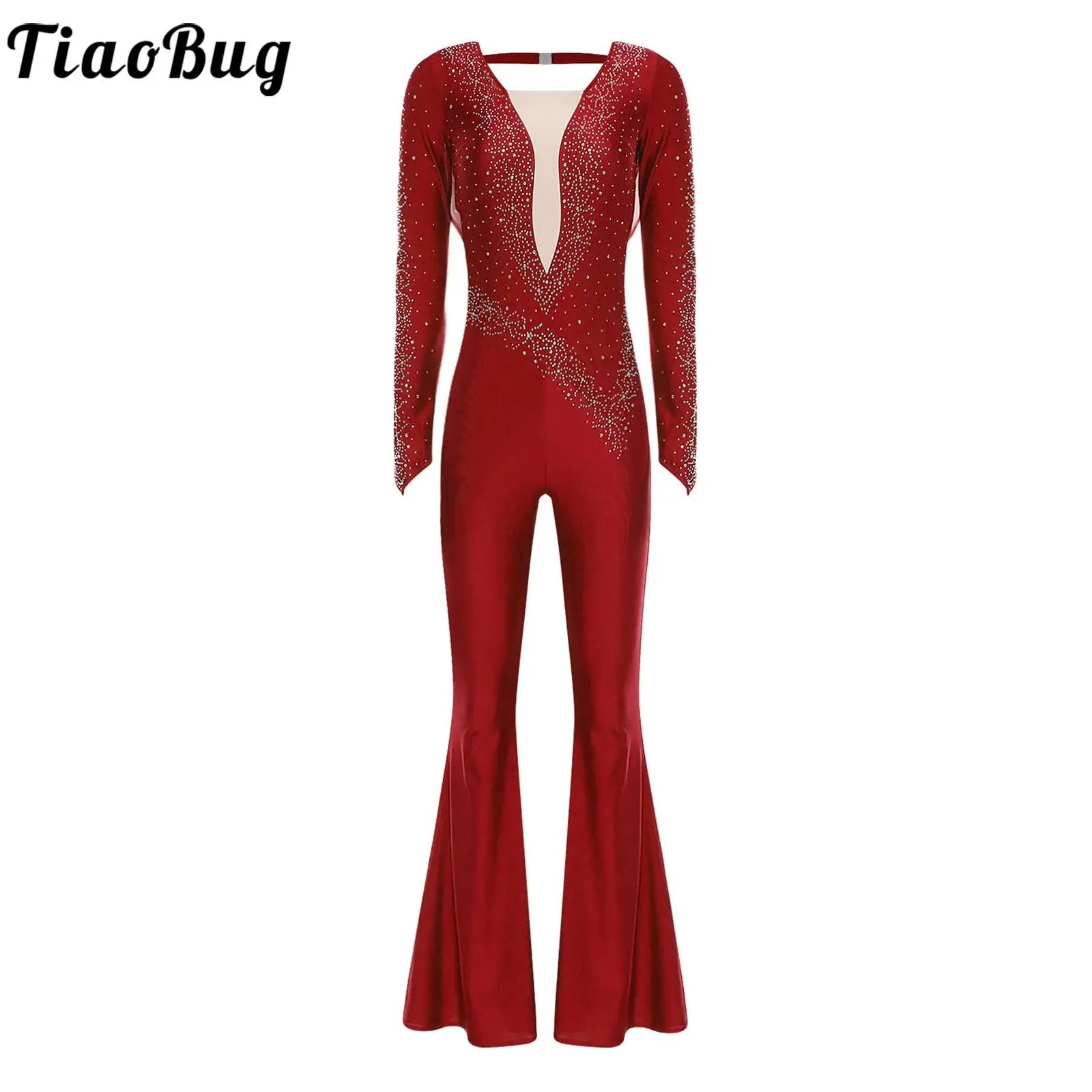 

Women Shiny Latin Jazz Dance Rompers Jumpsuit Long Sleeve Back Cutout Patchwork Ruched Mesh Overlay Disco Ballroom Dance Dresses