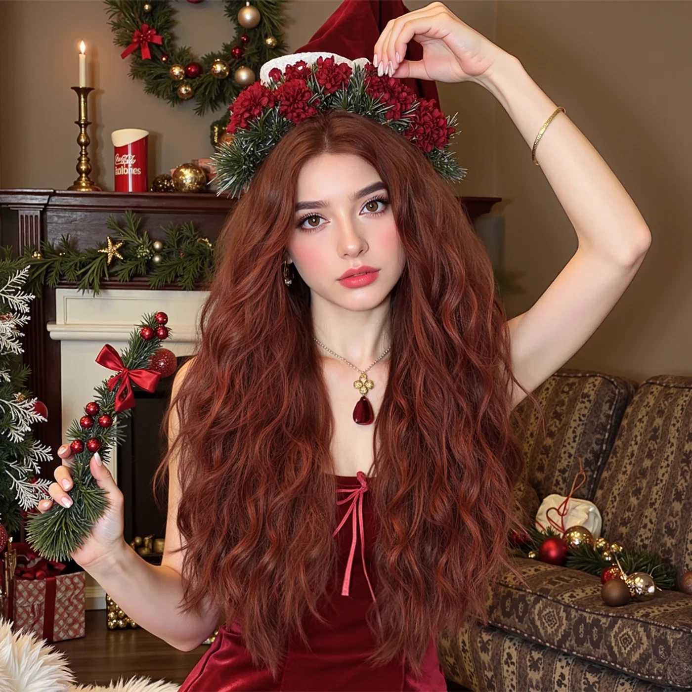 Christmas Reddish Brown Long Curly Wigs Synthetic Medium Part Water Wave Wig Cosplay Halloween for Afro Women Use Heat Resistant