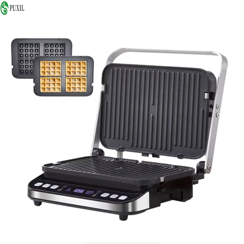 BioloMix 2000W Electric Contact Grill Digital Griddle and Panini Press, Optional Waffle Maker Plates, Opens 180 Degree Barbecue