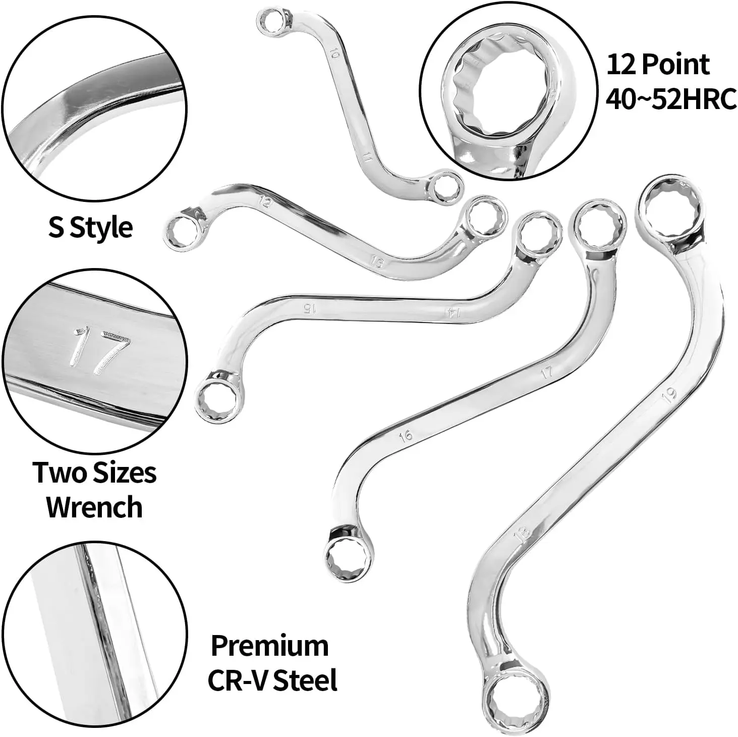 A Set S-Style Wrench with Double 12 Point 10mm to 19mm Combination Ring Spanner for Vehicle Maintenance Machinery Fastener Tool