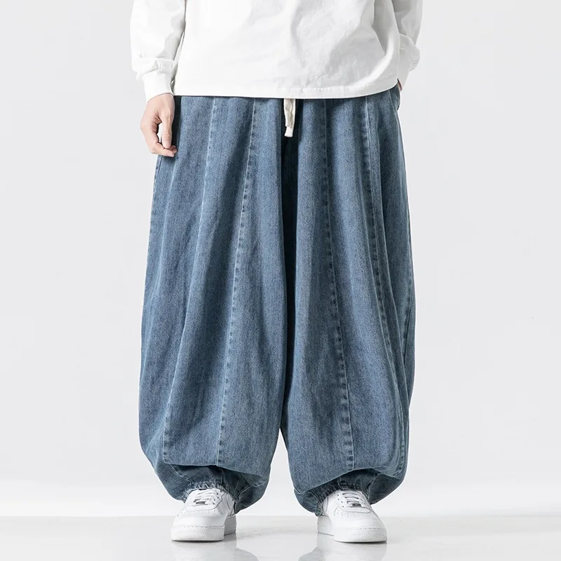 

KIDWHXR Men Harem Pant Loose Elastic Waist Drawstring Male Denim Pant American Simple Washed Comfortable Casual Man Trousers