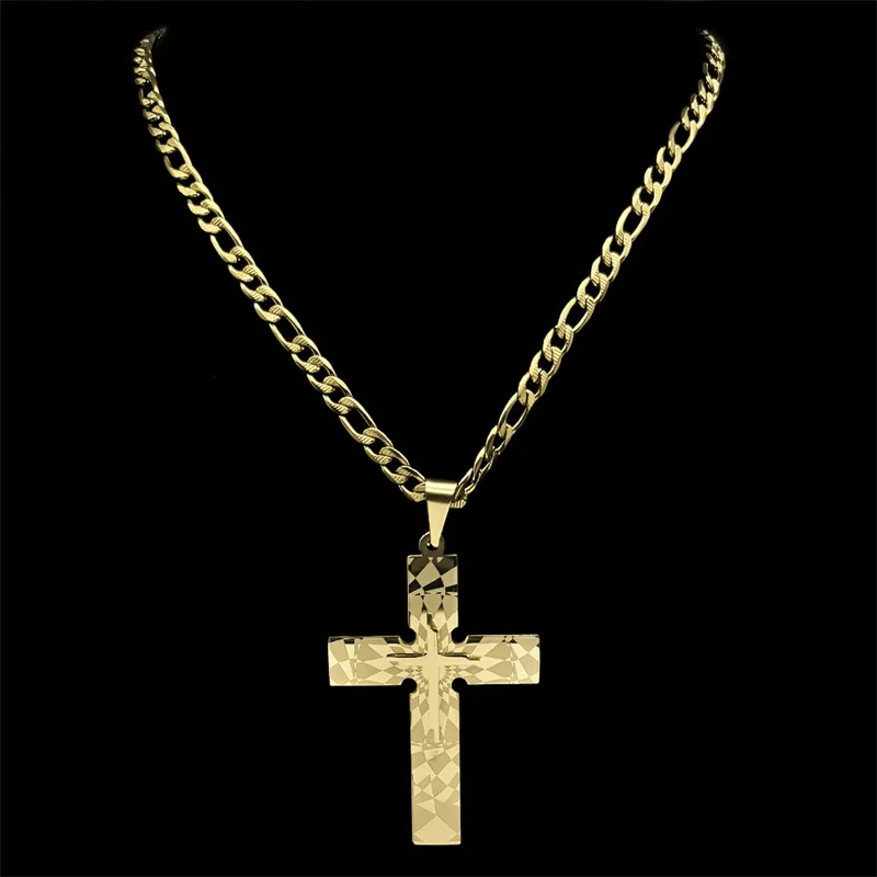 Punk Big Jesus Cross Necklace for Men Women Stainless Steel Gold Silver Color Figaro Chain Biker Jewelry Boy Friend Gift Jewelry image 2
