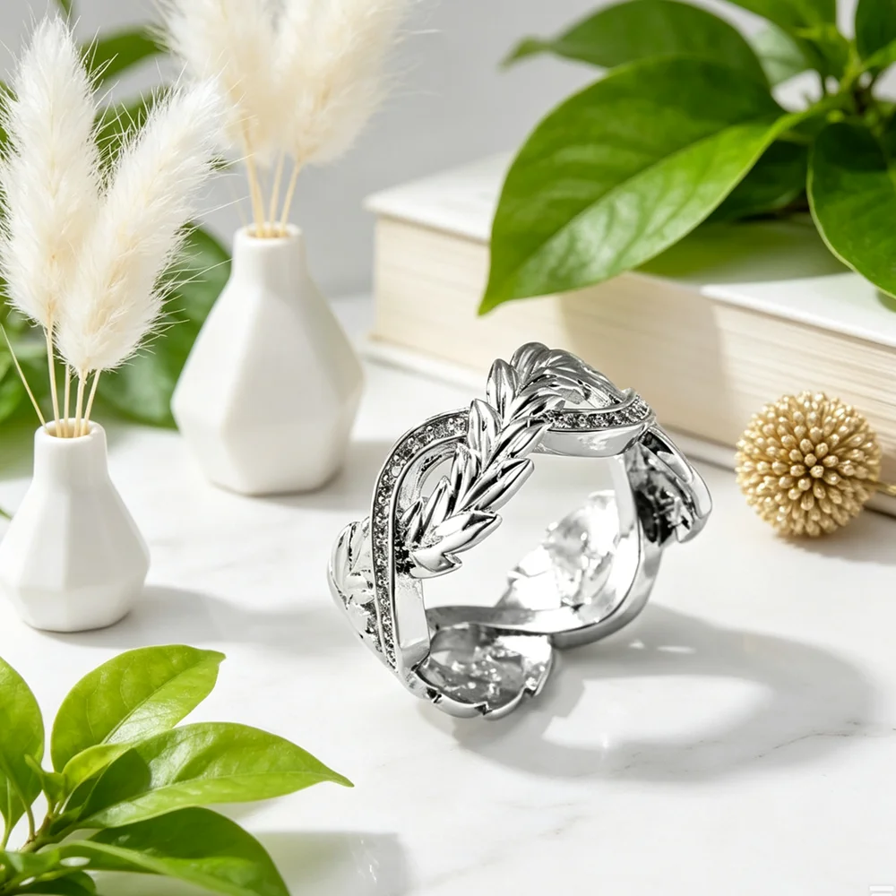 Hot sale New Latest Cross Surround Feather Shape 925 Sterling Silver Jewelry Top Quality Wedding Ring Pave Shiny Micro Crystal