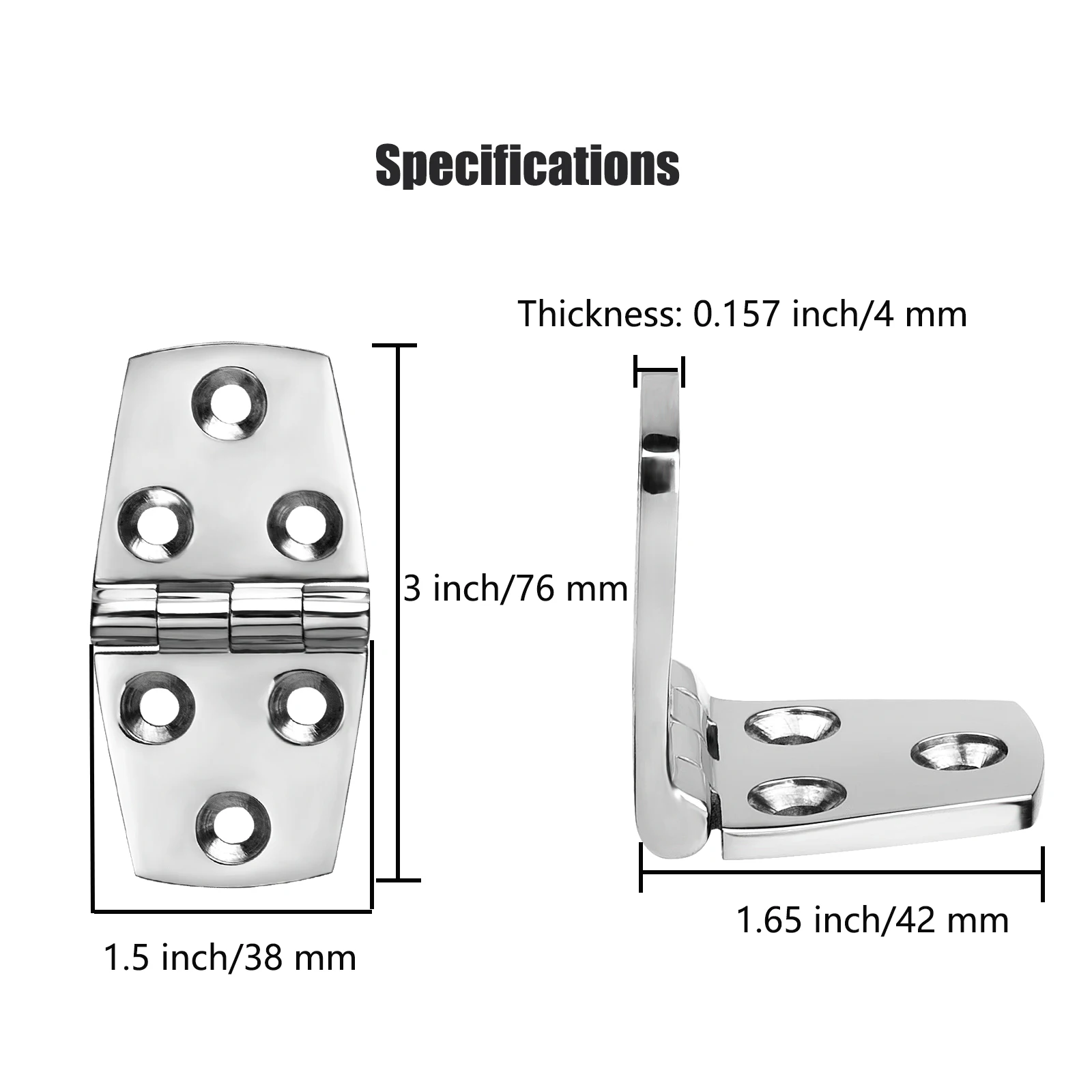 Marine Grade Stainless Steel  Boat Strap Hinges  3 Inch X 1.5 inches (76 X 38MM) With SS  Screws