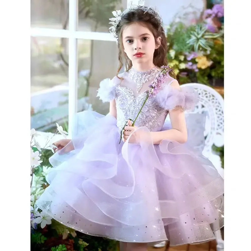 Abito da ragazza di fiore gonfio lilla di lusso con perline per abito da sera da principessa per bambini, matrimonio, compleanno, spettacolo