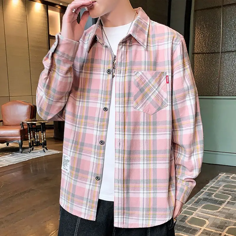 Frühling Herbst Neue Mode drehen-unten Kragen Langarm Plaid Bluse männer Kleidung Koreanische Taste Trend Casual Alle-spiel Shirts