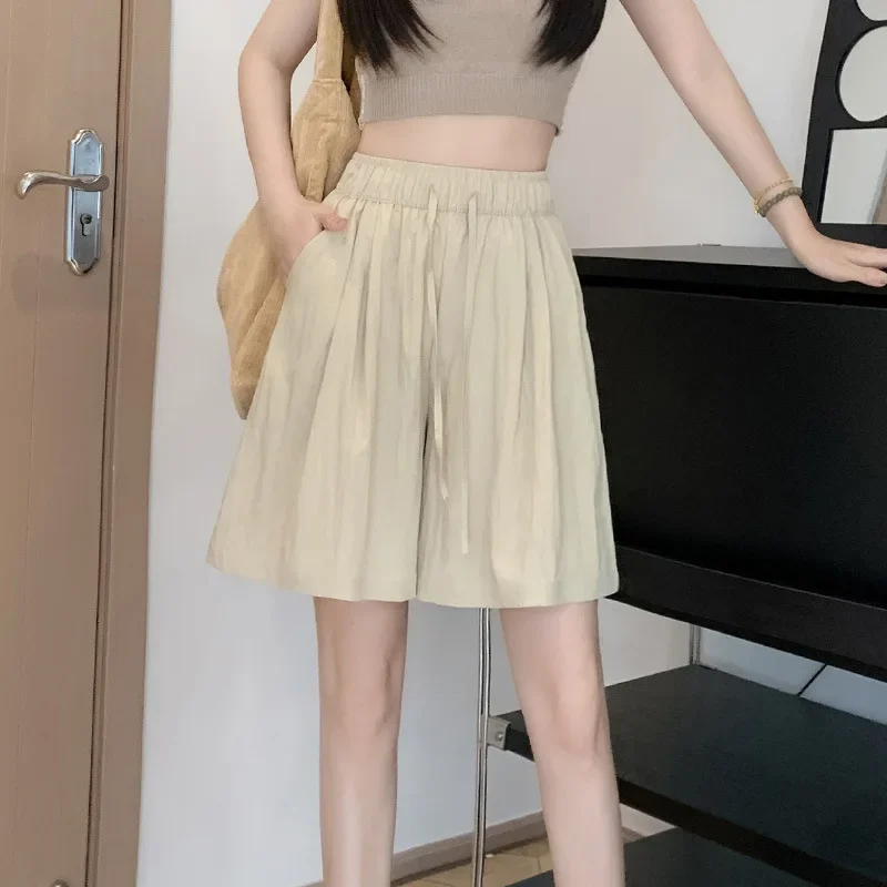 Moda coreana calças sólidas verão solto emagrecimento casual cinco quartos calças simples cintura alta drapeado plissado calças de perna larga