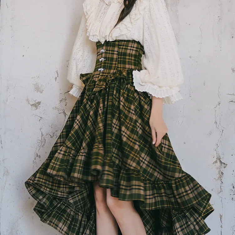 

Retro Court Lace Lantern Sve irt Plaid Waist Cinched Tailcoat f Skirt Set Long Sve High Waist Heavyweight Autumn F...