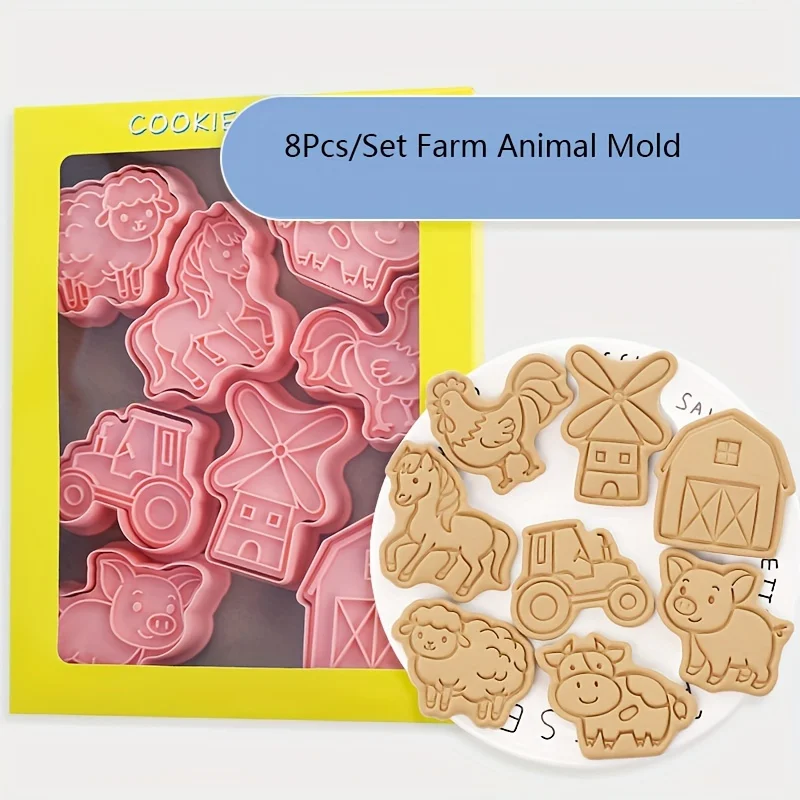 8Pcs/Set Farm Animal Biscuit Mold Windmill Cow Pig Hhorse Chicken And Sheep Cookie Cutting Mold Sugar Flipping Baking And Pressi