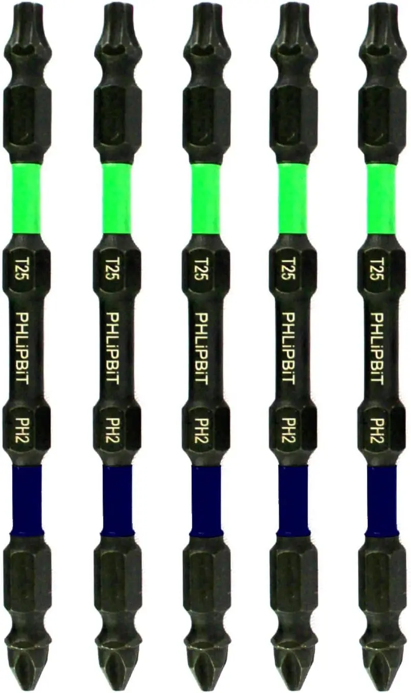 T25+PH2 Green/Blue, 4 INCH, Double-End, Quick Connect, Impact Rated Screwdriver Power Bit - USA IRPB4T25PH2-4, 5pk. (Drives T25