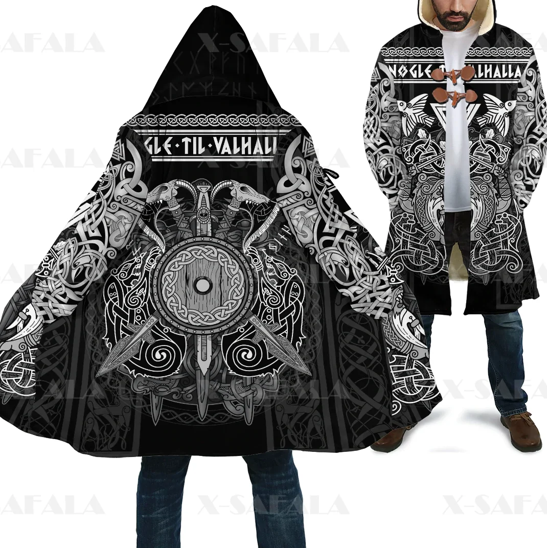 

Thick Warm Hooded Cloak for Men Viking Thor And Mjolnir Overcoat Coat 3D Print Windproof Fleece Cape Robe Hooded Blanket-2