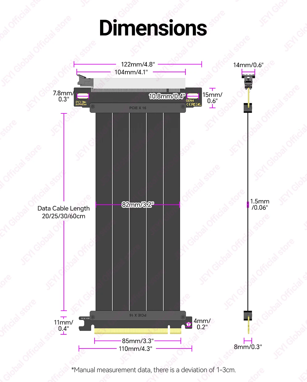 JEYI PCIe 4.0 X16 Verlängerungskabel (16GT/s) GPU-Riser für RTX 4090/4080 & RX 7900 XTX, Mining Rig/Vertikale Montage, 20/30/60cm Opti – Detail 9