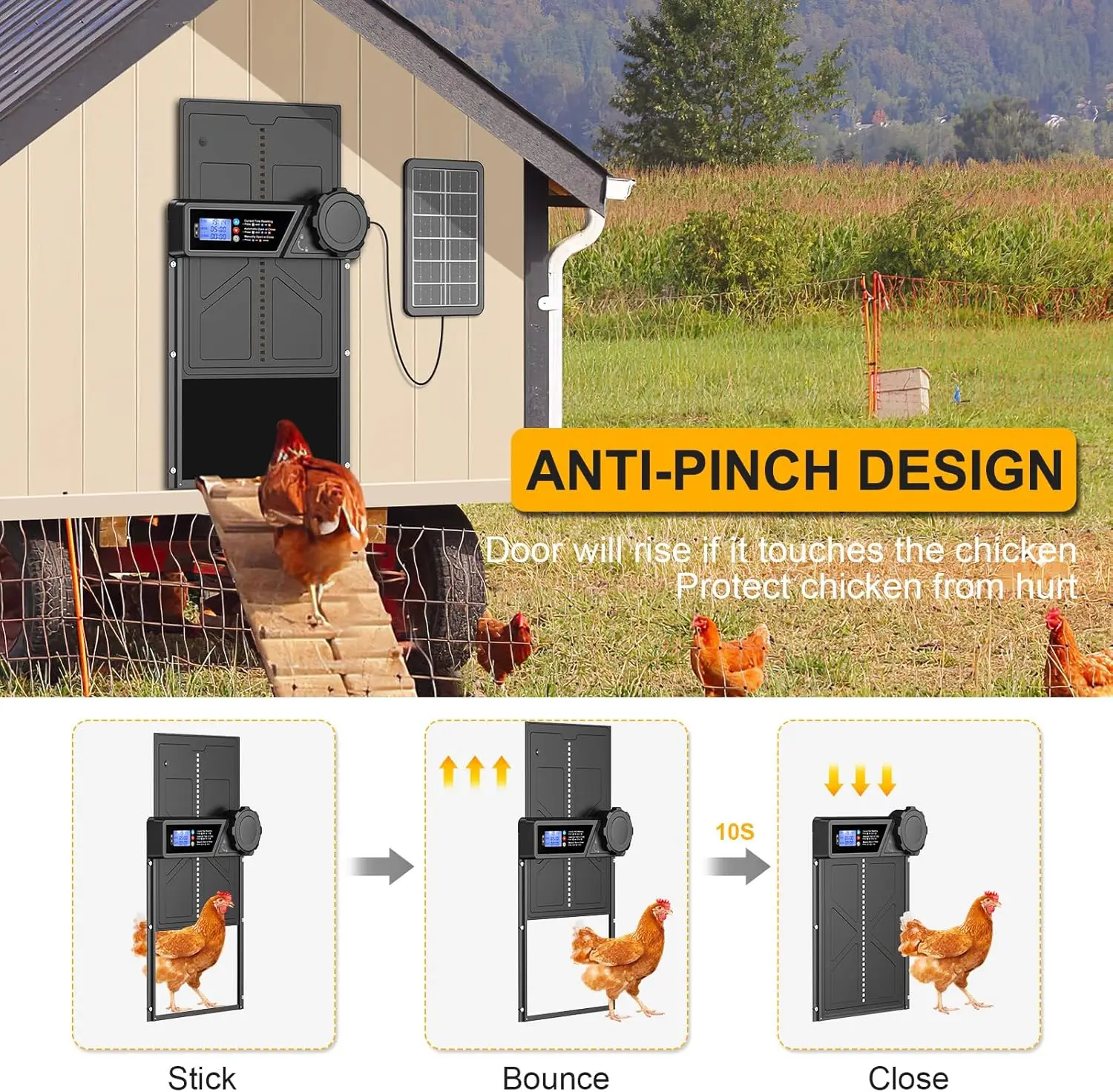 ソーラー自動鶏小屋ドア、自動感知センサー搭載、大型鶏小屋ドア、簡単設置