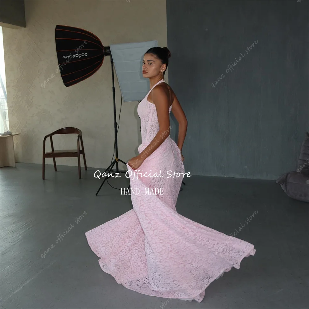 Qanz Pink Full Lace Appliques Evening Dresses Elegant Long Train Pageant Dress For Women Backless Robes De Soirée  Customized image 6