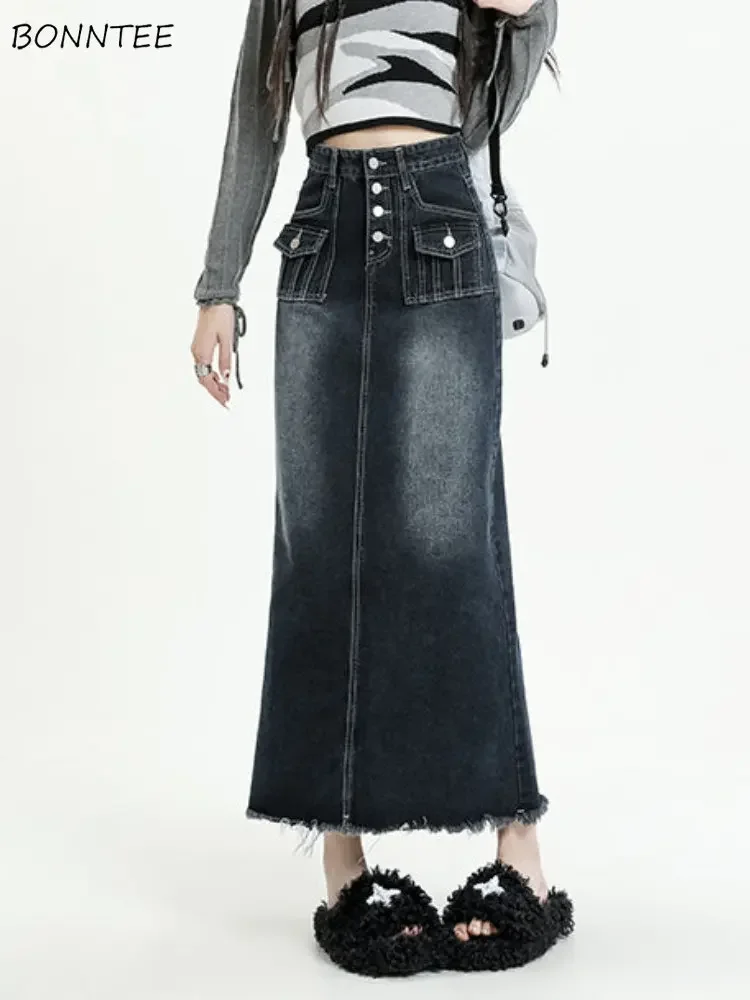 A-line Denim Skirts Women Korean Style Blue Solid Vintage Maxi Casual All-match Elegant Streetwear Design Tassel High Waist Chic