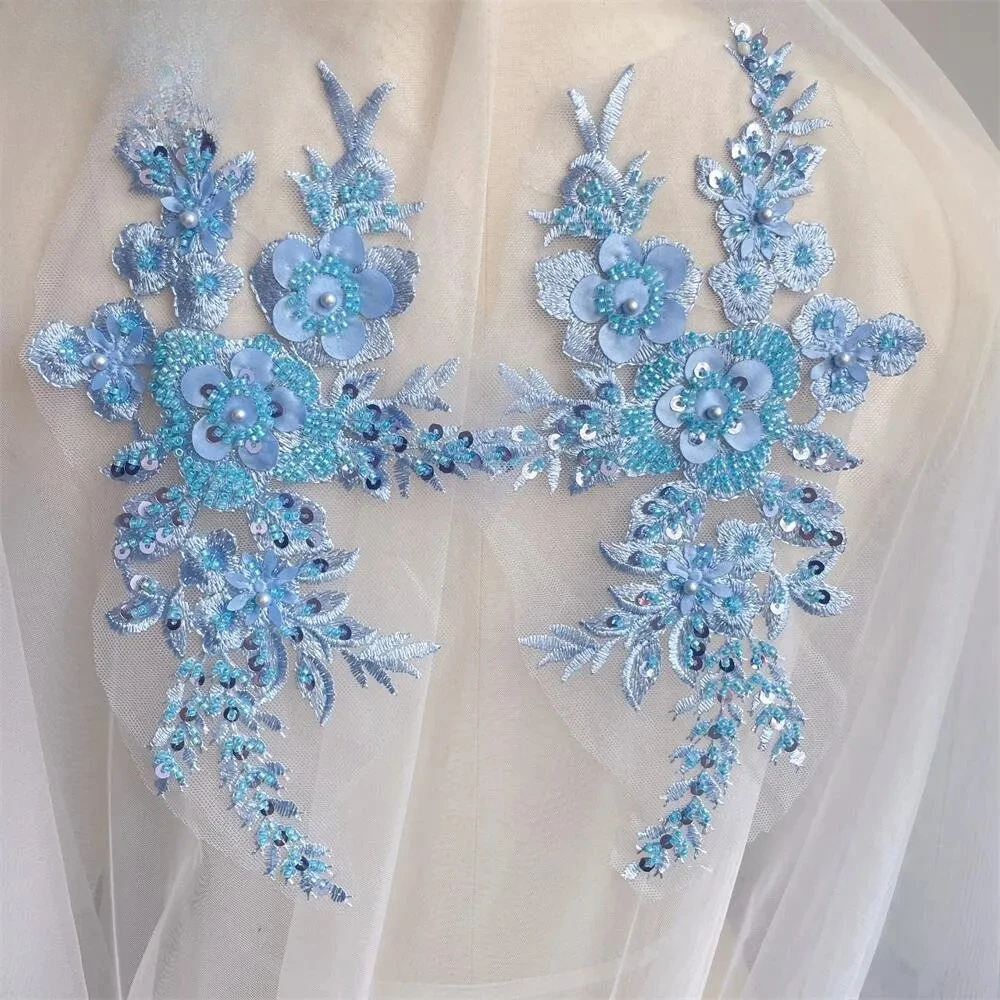 2 pièces/1 paire nouveau 12 couleurs paillettes Tube perle broderie dentelle Applique Hanfu chapeaux bricolage dentelle Patch avec fleurs en dentelle miroir